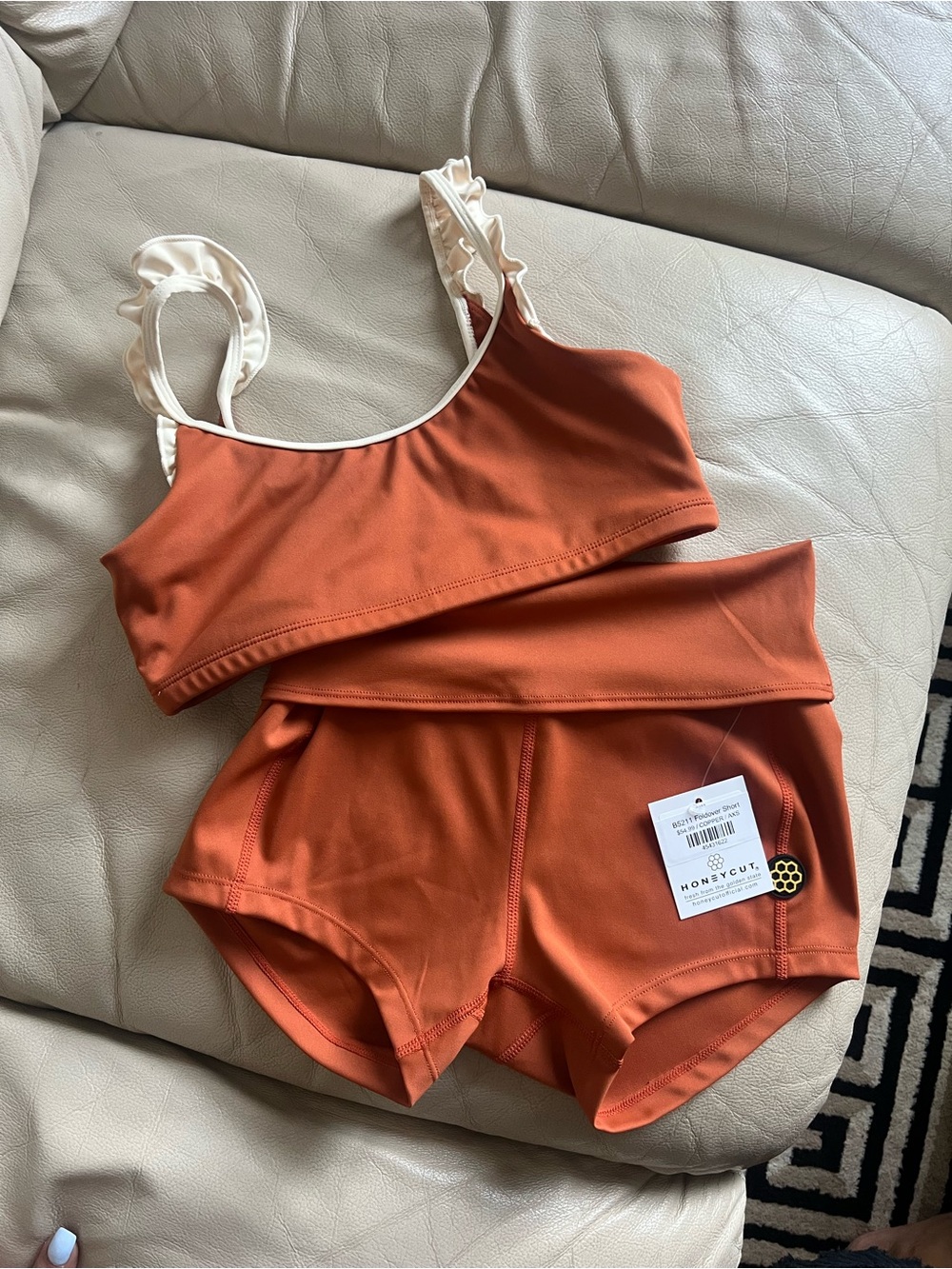 Honeycut dance 2 piece Ruffle-Strap Bralette & High-Waist Shorts Set